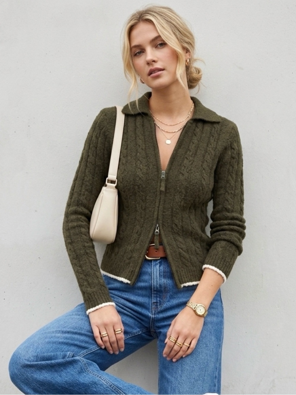 Madewell Preppy Cable-Knit Zip-Up Cardigan Sweater Olive Green Womens Size Small